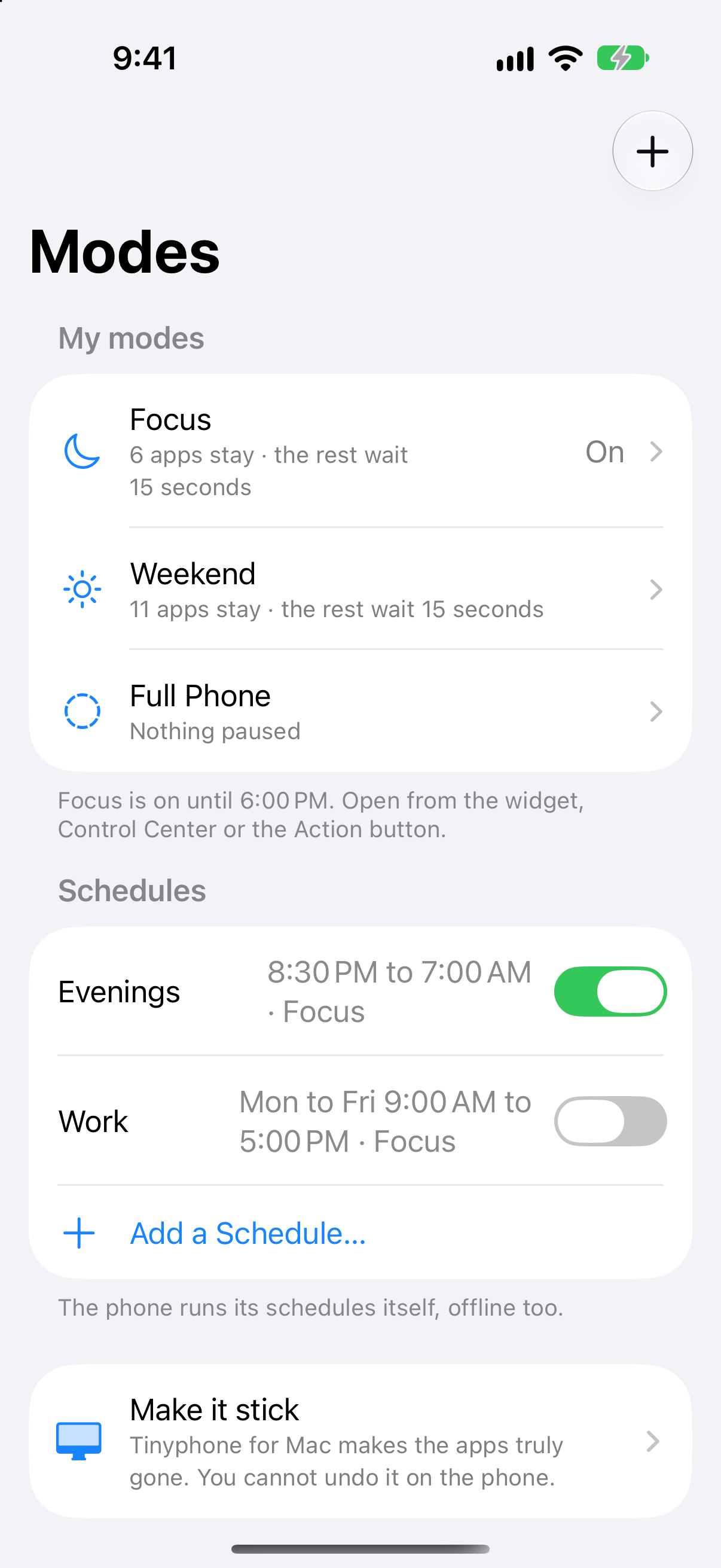 Tinyphone for iPhone: my modes and schedules