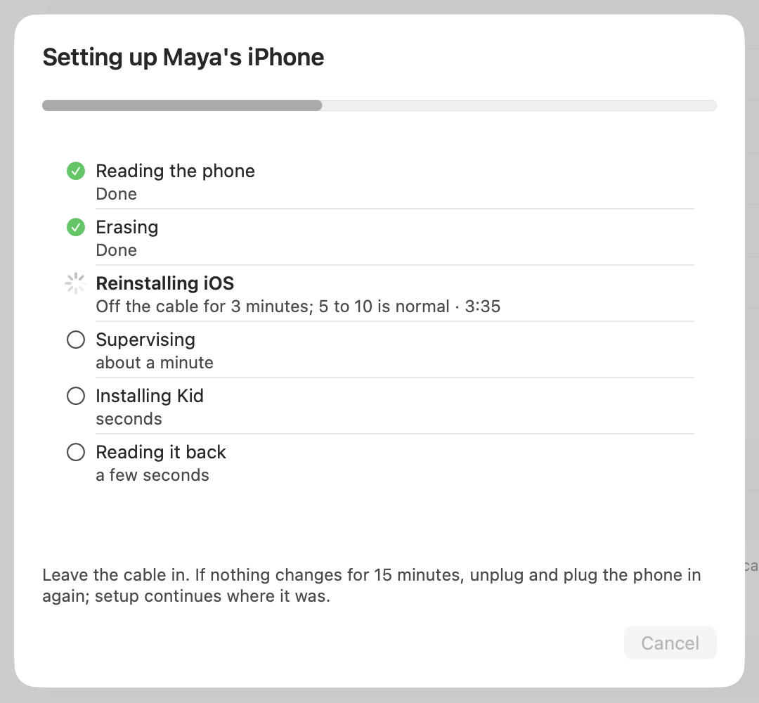 Tinyphone for Mac setting up Maya's iPhone: reading the phone, erasing, reinstalling iOS, supervising, installing Kid